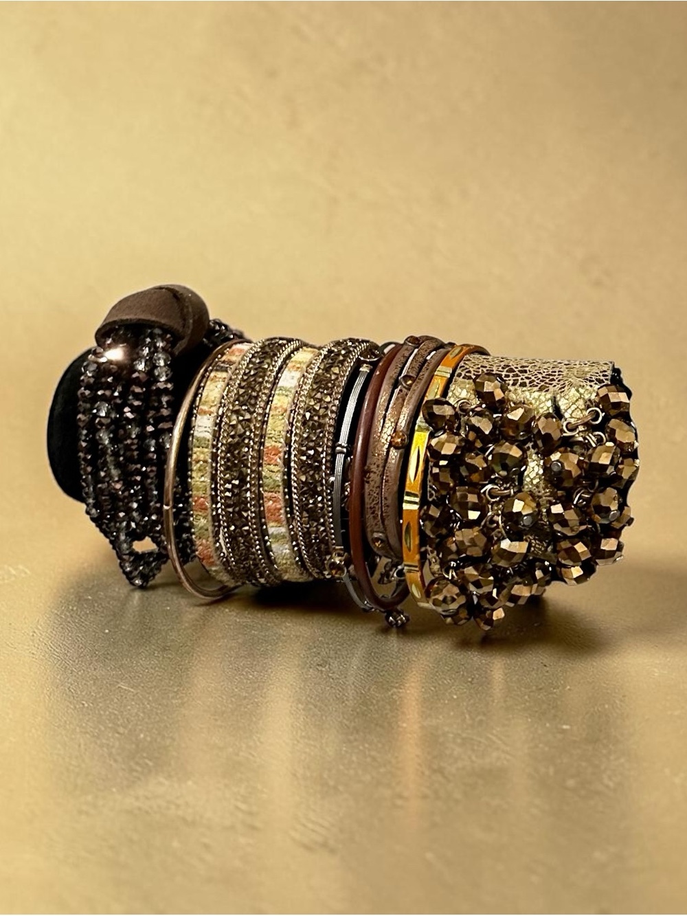 Boho Bronze Beaded Cuff Bracelet Stack Set • Statement Gold Metallic Chunky